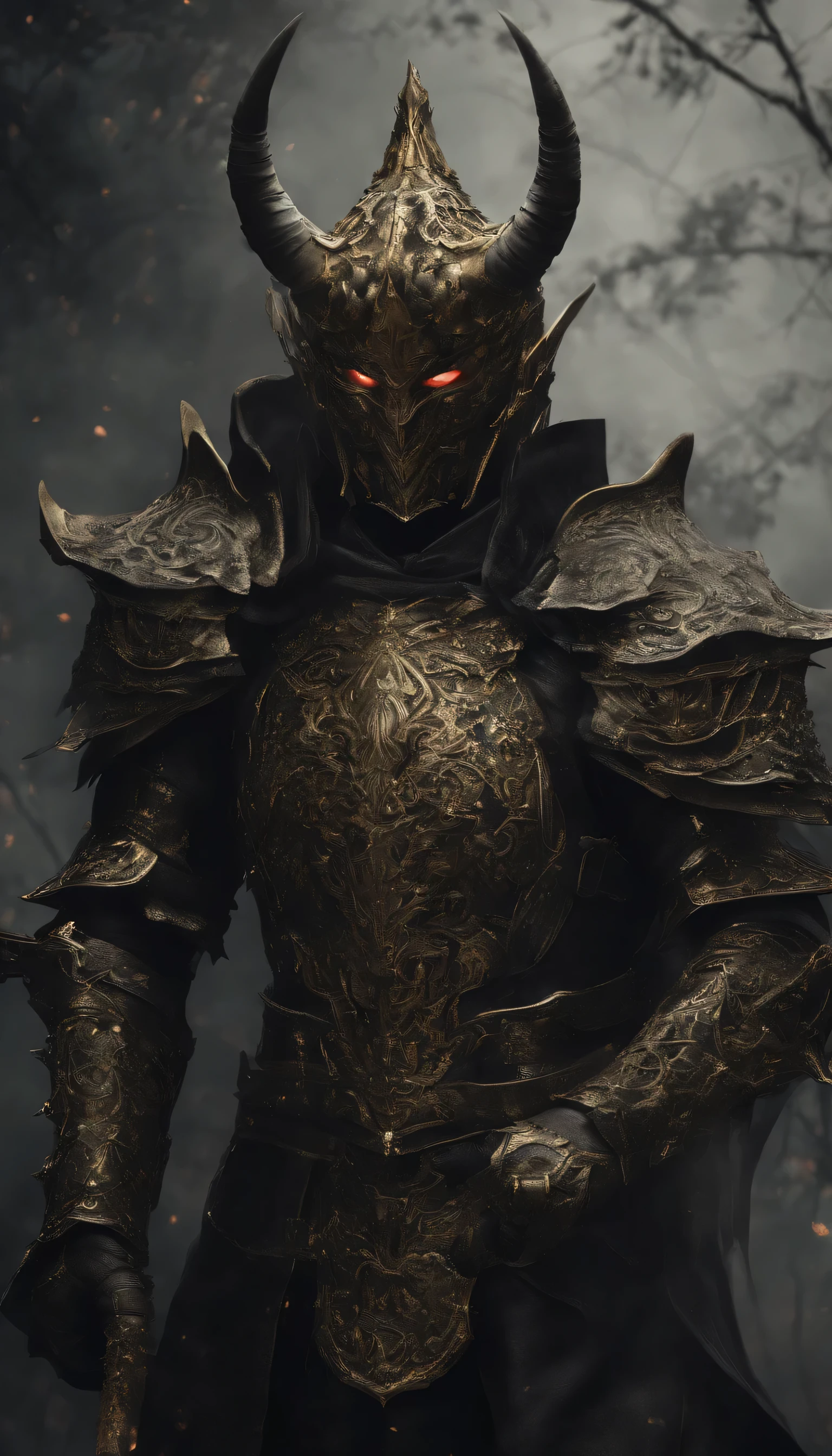 warrior, conceptual artwork, author:Kishiganku, Fantasyart, battlefield background, clean rendering, one horn, Wear armor, Bushido detailed in the form of smoke, helmet of a forgotten deity, character is standing, 8k realistic, in game rendering, detailed detail of the bottom of the face, Art station front page, bull, Fantasia pseudo-medieval, A deity wearing koi armor, Bronze Armor detalhada, Bronze Armor, golden engraved armor, Golden Obsidian Armor, Light golden armor, Beautiful filigree armor, A demonic warrior, Beautiful armor full of thorns, Complex killer armor, Complex metal armor, powerful warrior, Dressed in beautiful golden armor,Decorated with intricate patterns, The helmet has a large crown and two horns,eerie glowing red eyes, Everything is in the dark, The smoky background suggests battle scenes, Add a sinister aura to your character,submission, full body shot shot.