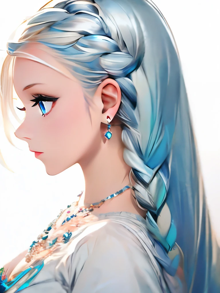 opal diamond, 1girl, solo, jewelry, gem, long hair, earrings, profile, from side, hair ornament, upper body, feathers, blue eyes, necklace, crystal, white background