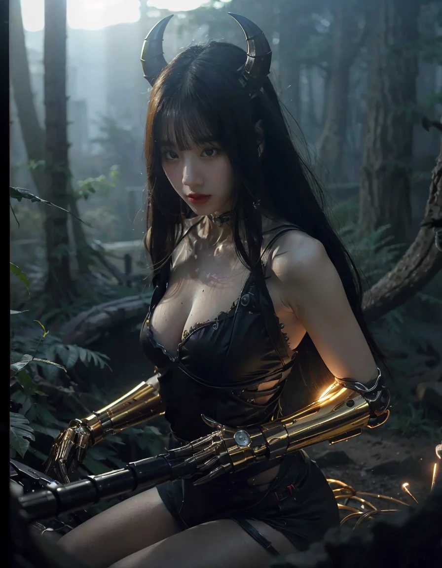 (1 Mechanical Girl)、top-quality、masterpiece、超A high resolution、(Photorealsitic:1.4)、Raw photo、1人、Golden hair、glowy skin、(((1 Mechanical Girl)))、With a beautiful knife、(Blue Metal Bodysuit)、(beautiful forest background)、(Fighting Demonic Beasts)、(Small LED)、((super realistic details))、portlate、(Strong giant demon beast background),globalillumination、Shadow、octan render、8K、ultrasharp、Colossal 、Raw skin is exposed in cleavage、metals、Details of complex ornaments、Japan details、highly intricate detail、Realistic light、(Mystical expression),CGSoation Trends、Red Eyes、radiant eyes、Facing the camera、neon detailechanical limbs)、(blood vessels connected to tubeechanical vertebrae attached to the back、mechanical cervical attaching to neck、(Wires and cables connecting to the head)、Gundam、Small LED、,Mechanical thighs、Toostock、(Hands are also made of machines)、(Attack of the Monster Beasts)、(Wounded in a deadly battle)、