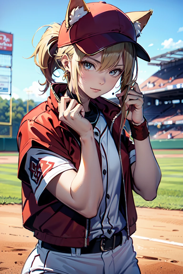  (rabbit pose:1.2),((At the baseball field with the cat)),((Cat ears)), ((Sleeveless)),((Wine Red Baseball Cap)),((Wearing a wine red baseball uniform))、((Red jacket))、 Blonde Hair, 短めponytail, (Blonde Hair, short,ponytail), Pale blue eyes,Closed Mouth、Hoop Earrings, Jewelry,(Best Quality, 8k, Oil painting, Mastepiece:1.2), Super detailed, (Realism, It&#39;s photorealistic:1.37), (((Bust Shot))