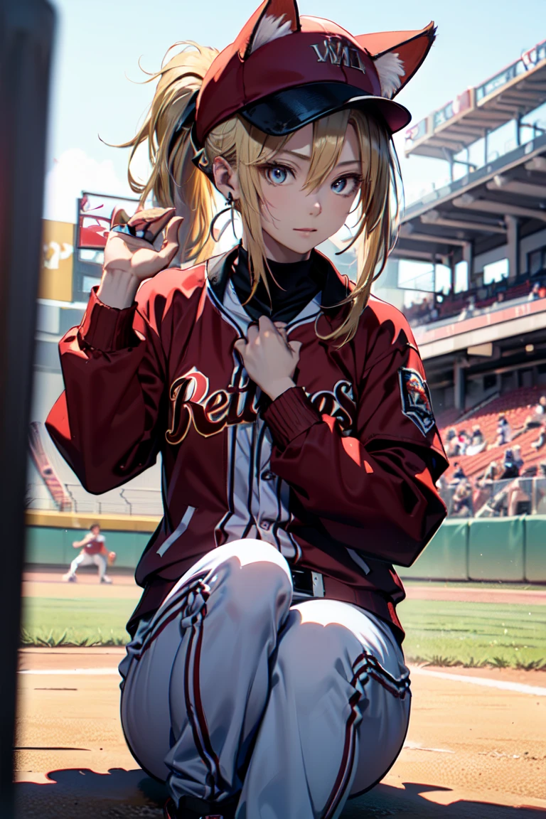  (rabbit pose:1.2),((At the baseball field with the cat)),((Cat ears)), ((Sleeveless)),((Wine Red Baseball Cap)),((Wearing a wine red baseball uniform))、((Red jacket))、 Blonde Hair, 短めponytail, (Blonde Hair, short,ponytail), Pale blue eyes,Closed Mouth、Hoop Earrings, Jewelry,(Best Quality, 8k, Oil painting, Mastepiece:1.2), Super detailed, (Realism, It&#39;s photorealistic:1.37), (((Bust Shot))