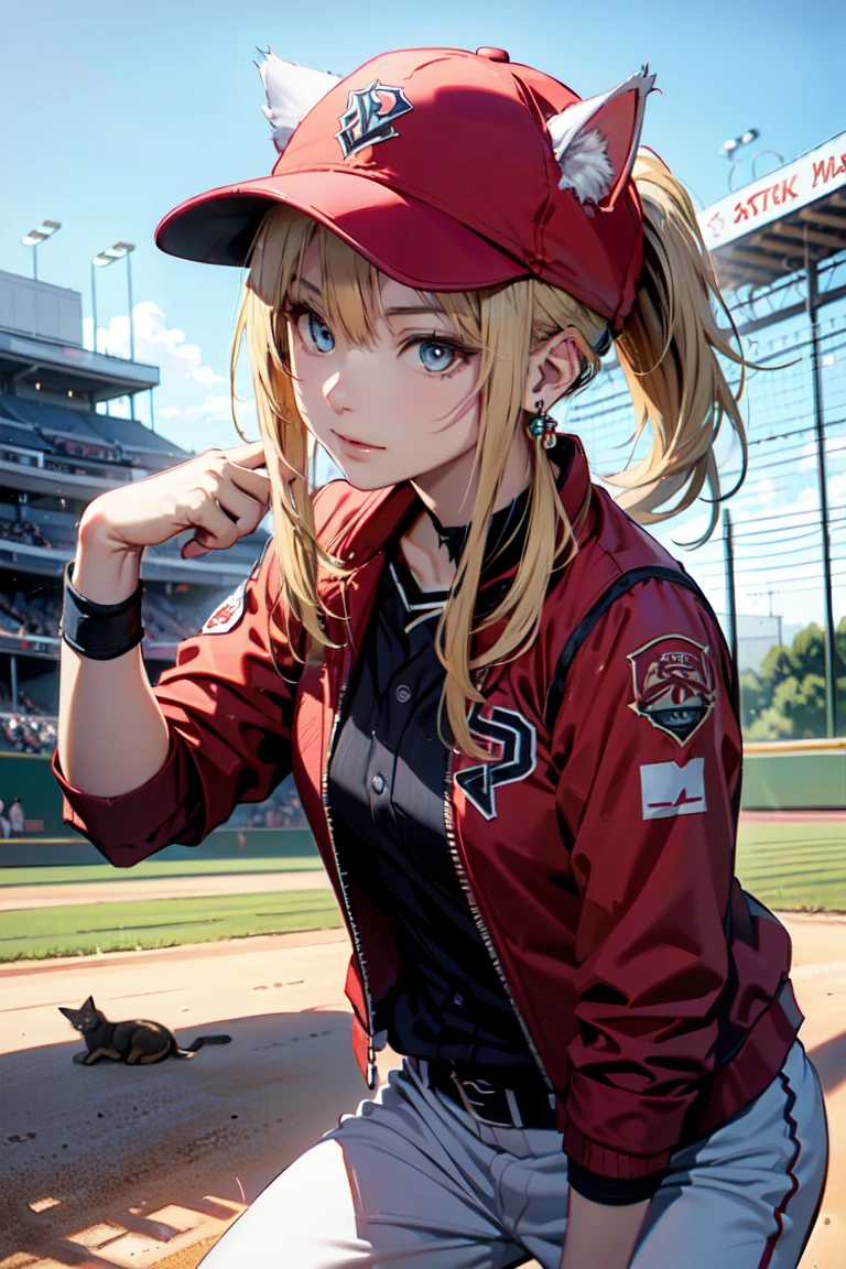  (rabbit pose:1.2),((At the baseball field with the cat)),((Cat ears)), ((Sleeveless)),((Wine Red Baseball Cap)),((Wearing a wine red baseball uniform))、((Red jacket))、 Blonde Hair, 短めponytail, (Blonde Hair, short,ponytail), Pale blue eyes,Closed Mouth、Hoop Earrings, Jewelry,(Best Quality, 8k, Oil painting, Mastepiece:1.2), Super detailed, (Realism, It&#39;s photorealistic:1.37), (((Bust Shot))