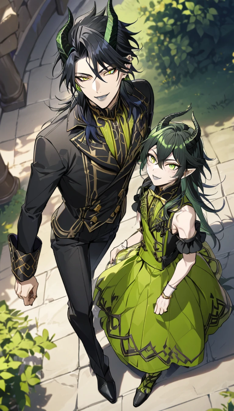 masterpiece, best quality, full body shot, shoot from above, looking at another(1nd boy, malleus draconia \(twisted wonderland\) horns, bishounen, boy, male, yana Toboso style, long hair, black hair, yellow green eyes, smile, gray lips, handsome, skinny, tall, yellow green glow, anime style), Walking slowly,