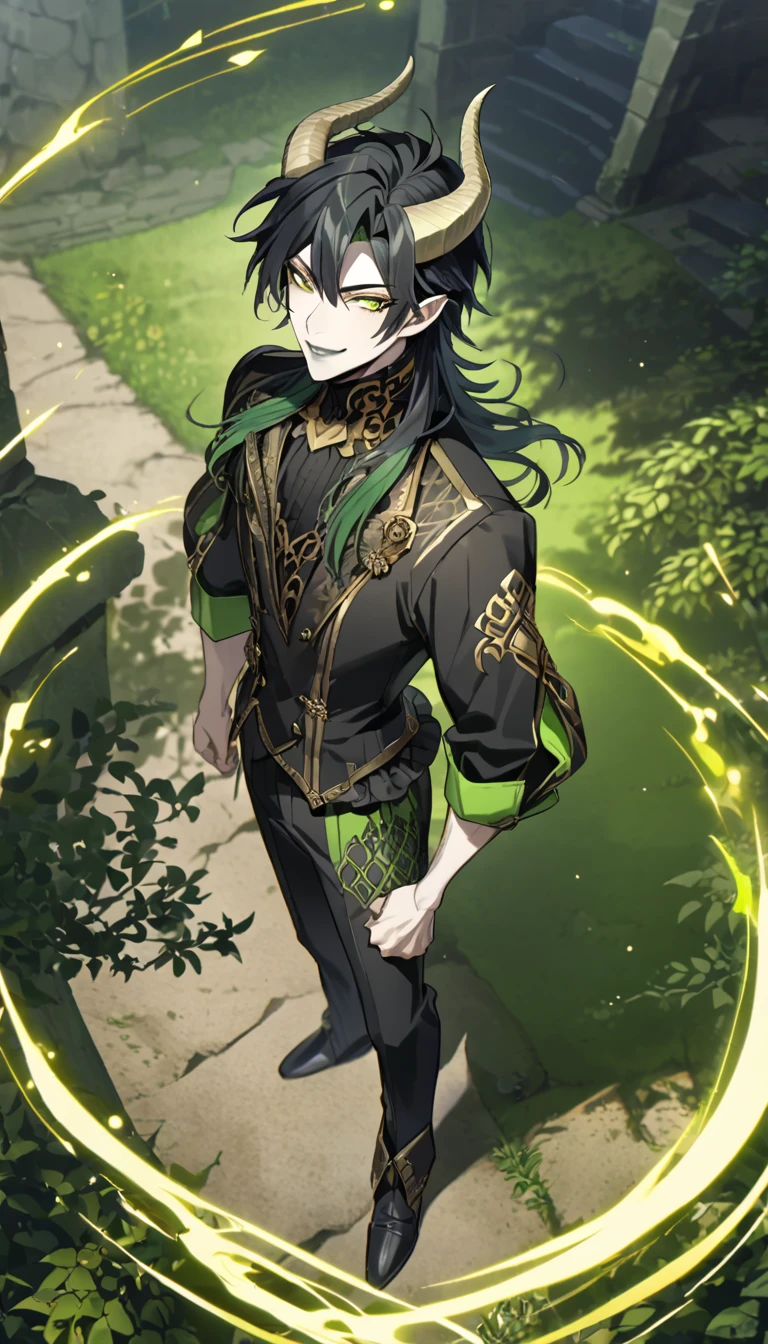 masterpiece, best quality,  full body shot, shoot from above, looking at another(1nd boy, malleus draconia \(twisted wonderland\) horns, bishounen, boy, male, yana Toboso style, long hair, black hair, yellow green eyes, smile, gray lips, handsome, skinny, tall, yellow green glow, anime style), Walking slowly,