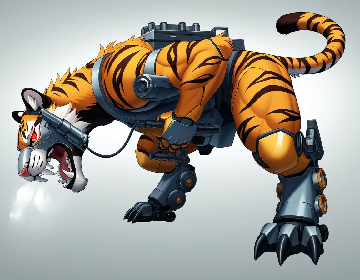 ((Masterpiece)), ((Best Quality)), (Very Detailed), ((Very Detailed)), 4K, (8K), very aesthetic, absurdres highres, create an image of a robotic mechanical beast in the form of a tiger, equipped with weaponry such as laser cannons and missiles suitable for a science fiction story. The mechanical tiger should have intricate details with gears, pistons, and metallic plates, glowing red eyes, steam coming out from its joints, visible wiring, hydraulic tubes, and a sense of wear and tear. It should have an aggressive stance, ready to pounce, with sharp claws and teeth made of polished steel, set against a dark, industrial background with hints of machinery and metal structures, 