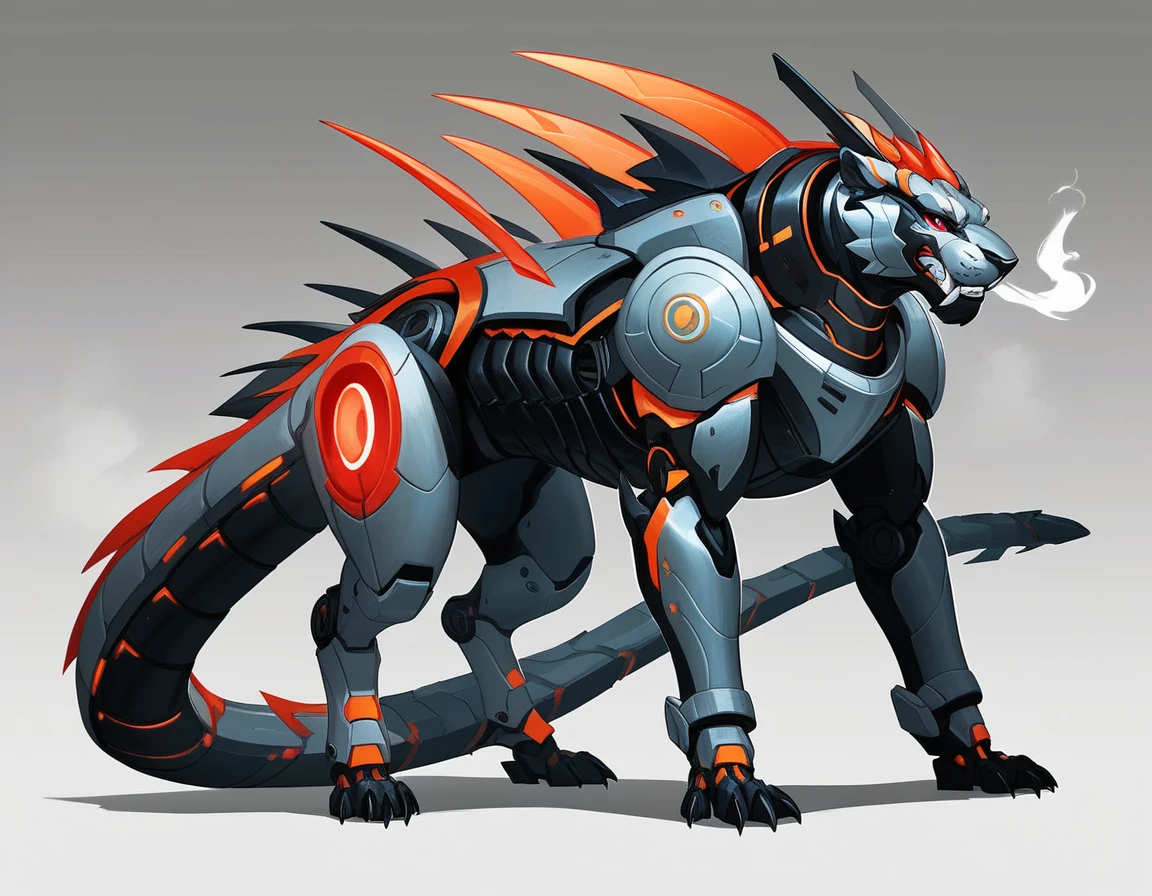 ((Masterpiece)), ((Best Quality)), (Very Detailed), ((Very Detailed)), 4K, (8K), very aesthetic, absurdres highres, create an image of a robotic mechanical beast in the form of a tiger, equipped with weaponry such as laser cannons and missiles suitable for a science fiction story. The mechanical tiger should have intricate details with gears, pistons, and metallic plates, glowing red eyes, steam coming out from its joints, visible wiring, hydraulic tubes, and a sense of wear and tear. It should have an aggressive stance, ready to pounce, with sharp claws and teeth made of polished steel, set against a dark, industrial background with hints of machinery and metal structures,