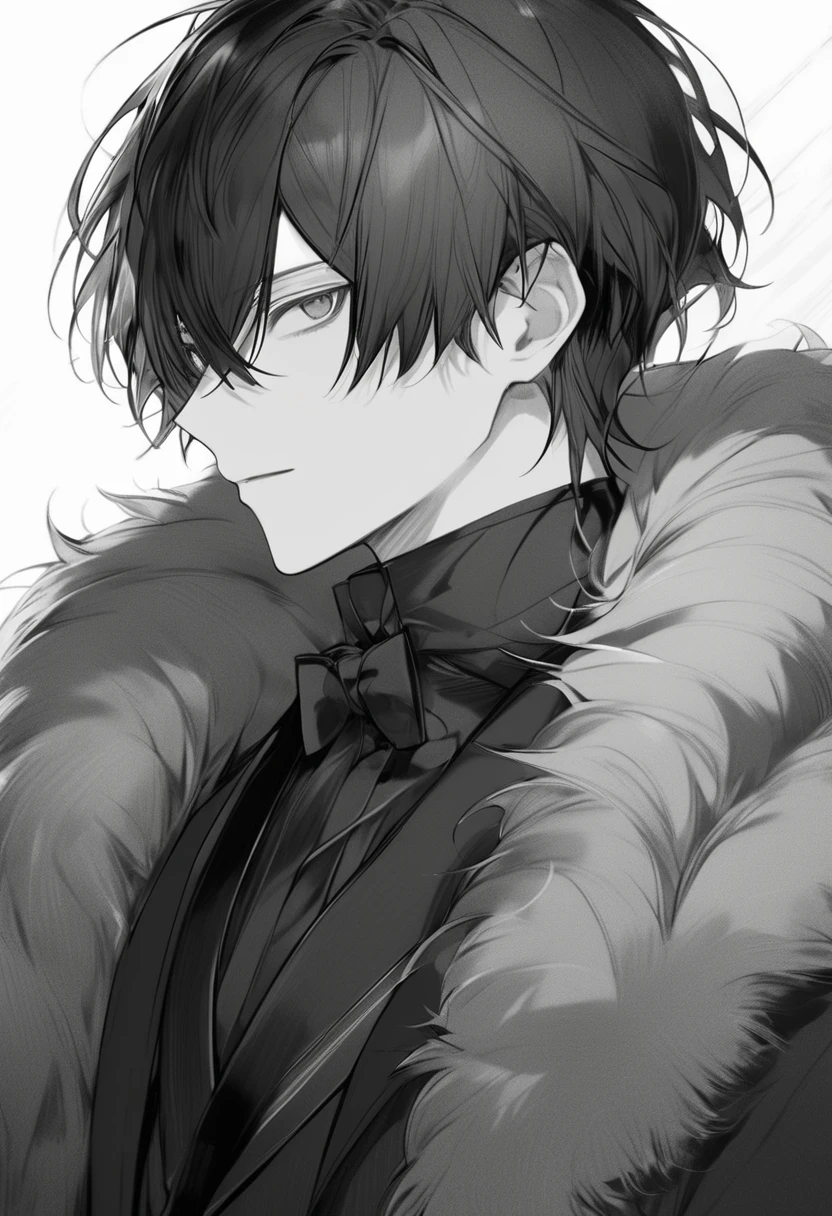 yuto-sano, 1boy, Kaneki, black hair, black suit, black long sleeves, fur coat, elegant, monochrome, solo, greyscale, male focus, looking at viewer