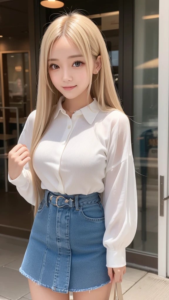 (((Fair skin、forehead、)))、Sexy big ,19 year old beautiful girl is sexy and cute & Cute beautiful sexy face, A strong wind blows my hair in front of my face,Beautiful super long metallic blonde straight hair、Beautiful, cute and sexy eyes hidden behind long bangs、Shirt unbuttoned above the waist、Extremely short knit mini skirt、Look at me with a smile、