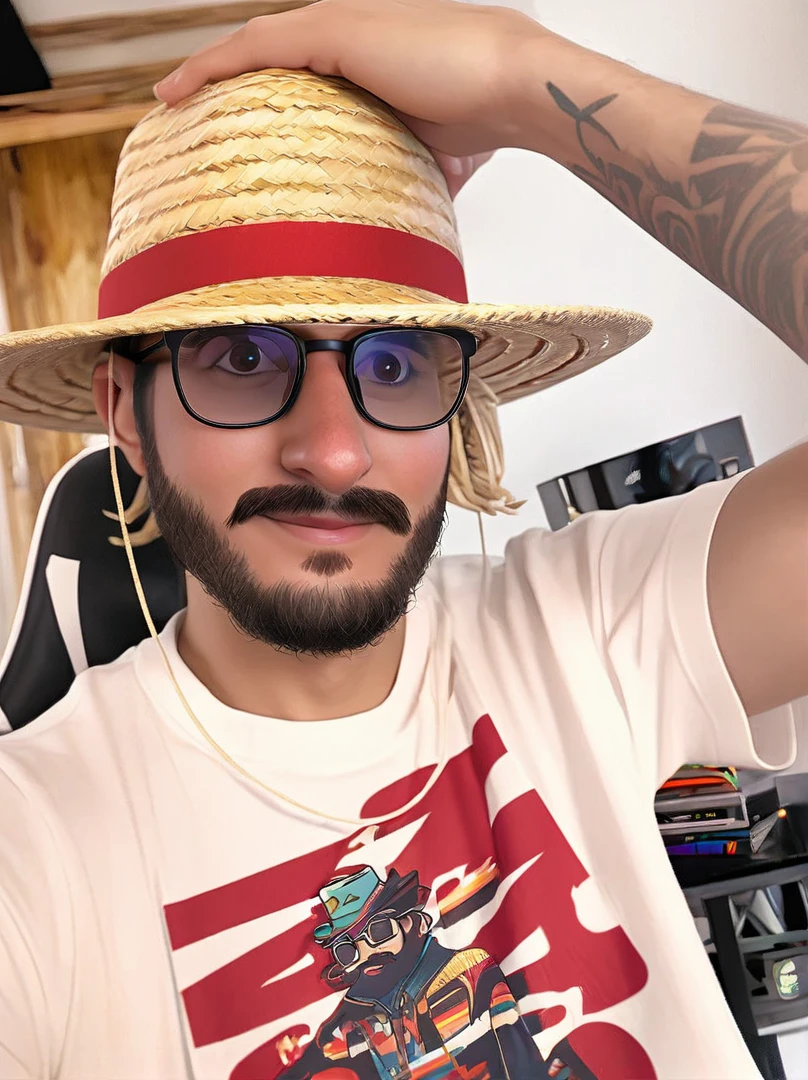 arafed man with a straw hat and glasses holding a straw hat, twitch streamer / gamer ludwig, msxotto, profile picture 1024px, he is wearing a hat, neckbeard, twitch streamer, with straw hat, youtuber, avatar image, carmelo blandino, with a weird hat, very very low quality picture, wearing sombrero