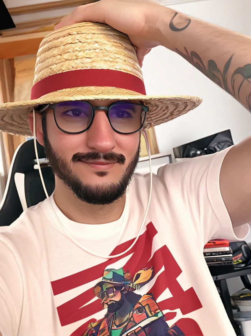 arafed man with a straw hat and glasses holding a straw hat, twitch streamer / gamer ludwig, msxotto, profile picture 1024px, he is wearing a hat, neckbeard, twitch streamer, with straw hat, youtuber, avatar image, carmelo blandino, with a weird hat, very very low quality picture, wearing sombrero