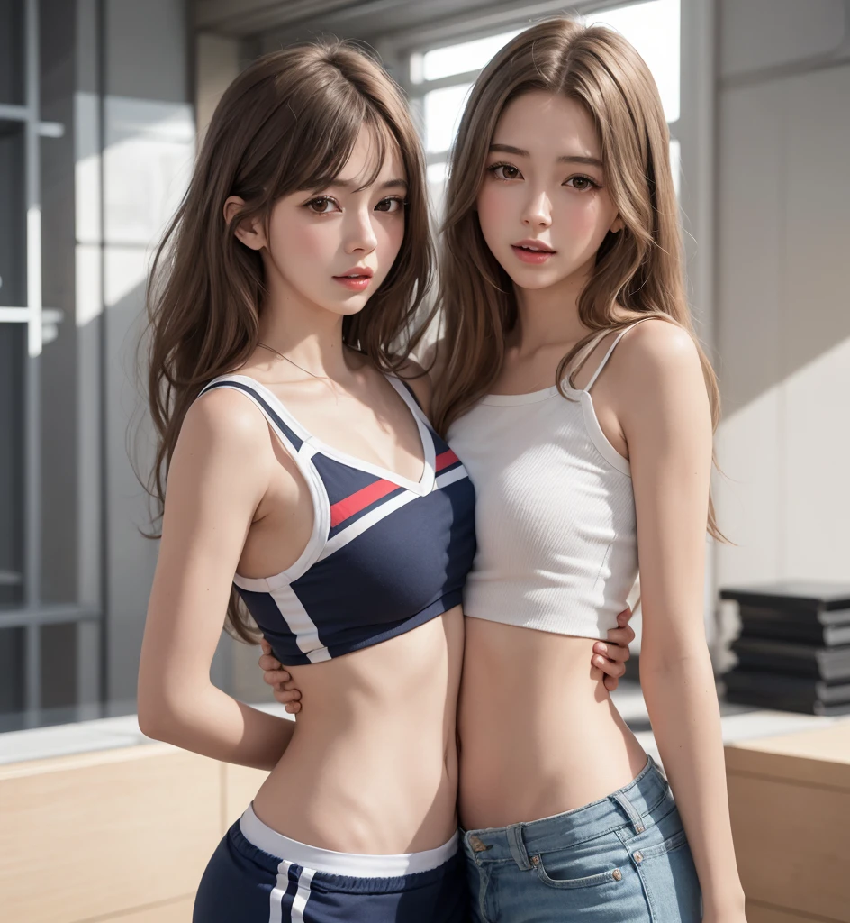 2girls, multiple girls, natural lighting, masterpiece, highly detailed, illustration, game CG, absurdres, high quality, hug, glossy lips, looking at viewer, cheerleader, midriff