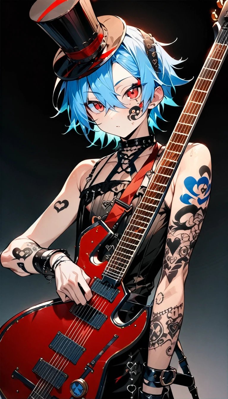 (((masterpiece,Highest quality))),((A male anime character with short blue hair, red eyes, and a tattooed upper arm wearing a visual kei outfit, holding a guitar)),((Steampunk-style electric guitar)),((Steampunk-style electric guitarを持って立っている)),(((Small steampunk top hat,Tattoos on the right side of the face and on the arm))),(((Black Background))),Focus on the whole body,(high quality),アニメ