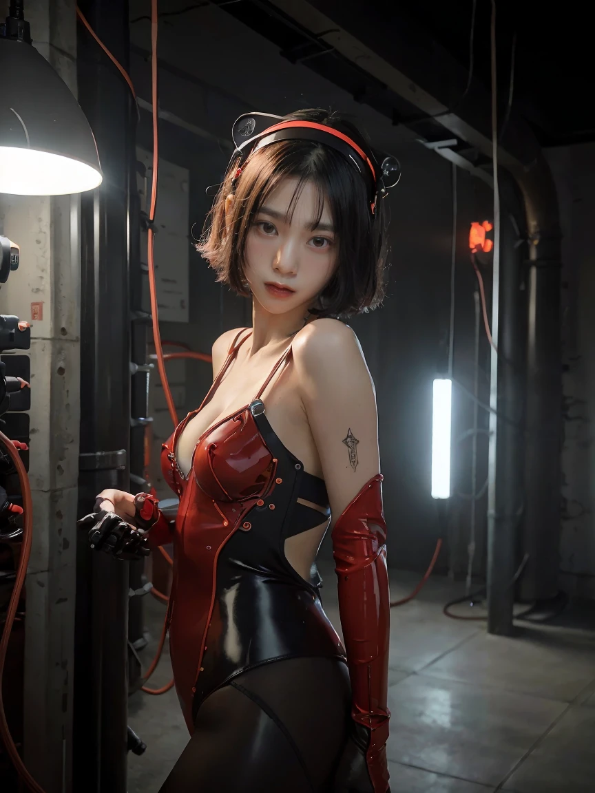 （Part of the skin is a computer）、top-quality、​masterpiece、超A high resolution、(With a futuristic machine gun、holding knive),（Wearing a futuristic hat）、(Photorealsitic:1.4)、Raw photo、1 girl、Black hair、glowy skin、((1 Mechanical Girl))、((super realistic details))、portlate、（Mystical expression）、（Has a huge rocket launcher）、explosions、Particles of light、（Small LED lamp）、Wire tubes that glow all over the body、(With state-of-the-art weapons),globalillumination、Shadow、octan render、8K、Armpit、ultrasharp、Colossal 、Small LED lamp、Raw skin is exposed in cleavage、metals、blood vessels connected to tubes、With weapons、Red bodysuit、Armpit、Cyberpunk city background、Details of complex ornaments、Japan details、highly intricate detail、Realistic light、CGSoation Trends、Blue eyes、radiant eyes、Facing the camera、neon details、（Tattoo numbers on the face）、Mechanical limbs、blood vessels connected to tubes、Mechanical vertebrae attached to the back、mechanical cervical attaching to neck、Wires and cables connecting to the head、Gundam、Small LED lamp、Toostock、Toostock、Futuristic machine gun、Knives、(Red Metallic Bodysuit),