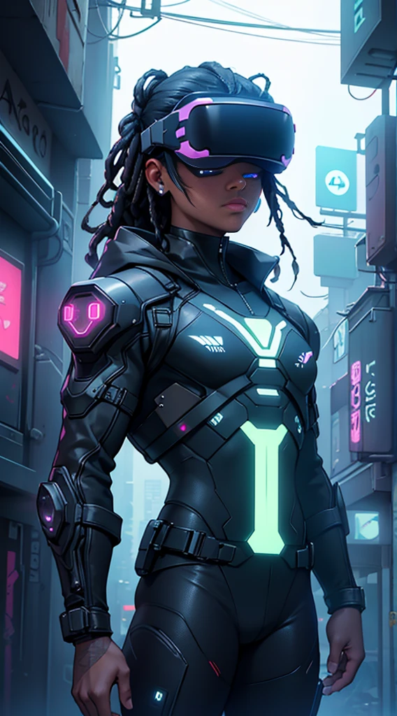 Cyberpunk style, ebony avatar, cyberspace, wireframe, matrix, tron, minimal, abstract, virtual reality, black background, neon lights, virtual interface, looking at camera, (ebony), dreads, sexy, thic, vr headset 