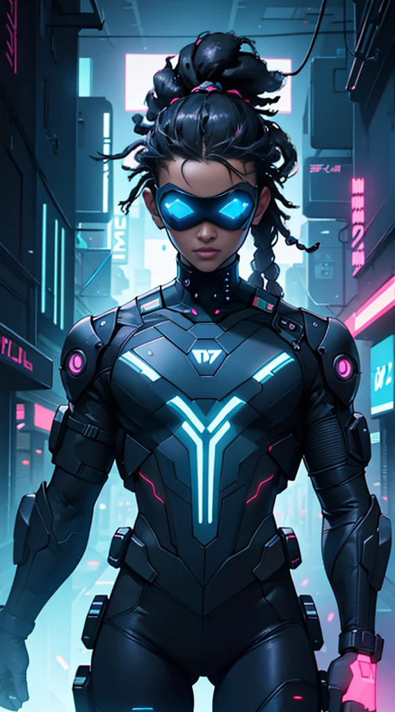 Cyberpunk style, ebony avatar, cyberspace, wireframe, matrix, tron, minimal, abstract, virtual reality, black background, neon lights, virtual interface, looking at camera, (ebony), dreads, sexy, thic, vr headset 