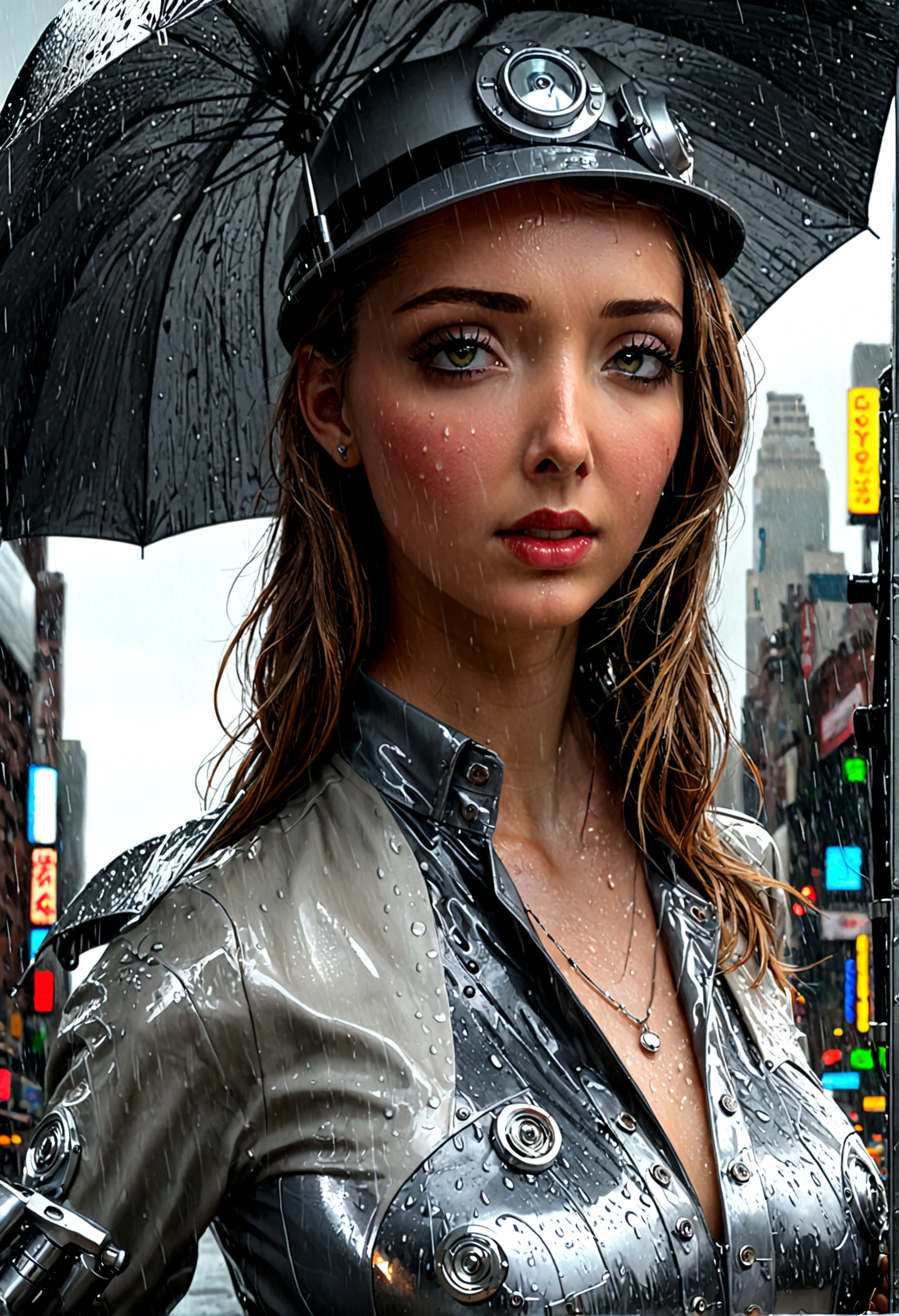 a female version of inspector gadget, cute sexy inspector 2 piece outfit, detective hat that has opened at the top and extended a robot arm holding an umbrella, downpour rain, new york, (best quality,4k,8k,highres,masterpiece:1.2),ultra-detailed,(realistic,photorealistic,photo-realistic:1.37),highly detailed,intricate details,hyper detailed,extremely detailed,extremely detailed face,beautiful detailed eyes,beautiful detailed lips,extremely detailed eyes and face,longeyelashes,cinematic lighting,dramatic lighting,dramatic rain effects,stormy sky,gloomy atmosphere,moody lighting,dark and gloomy,cyberpunk,science fiction,retrofuturistic,futuristic,high tech (show her entire body, show all of her, show her head to toe, full body shown)