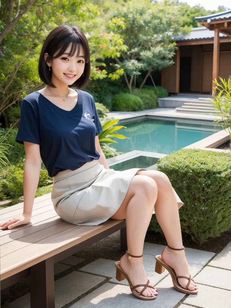 (8K, Realistic, RAW Photos, Highest quality: 1.4),Japanese idol-style beautiful girl,1 person,18-year-old,Short Bob,She has her hair tucked behind her ears,Large, clear grey eyes,Long eyelashes,(piercings(small)),(Lip gloss),lips(Plump,glossy),T-shirt with border pattern,(flare skirt),Long legs,Bare feet in sandals,Cafe terrace with a view of the Japanese garden,Sitting on a chair with legs crossed,Smiling at the camera,Front view,Full body portrait