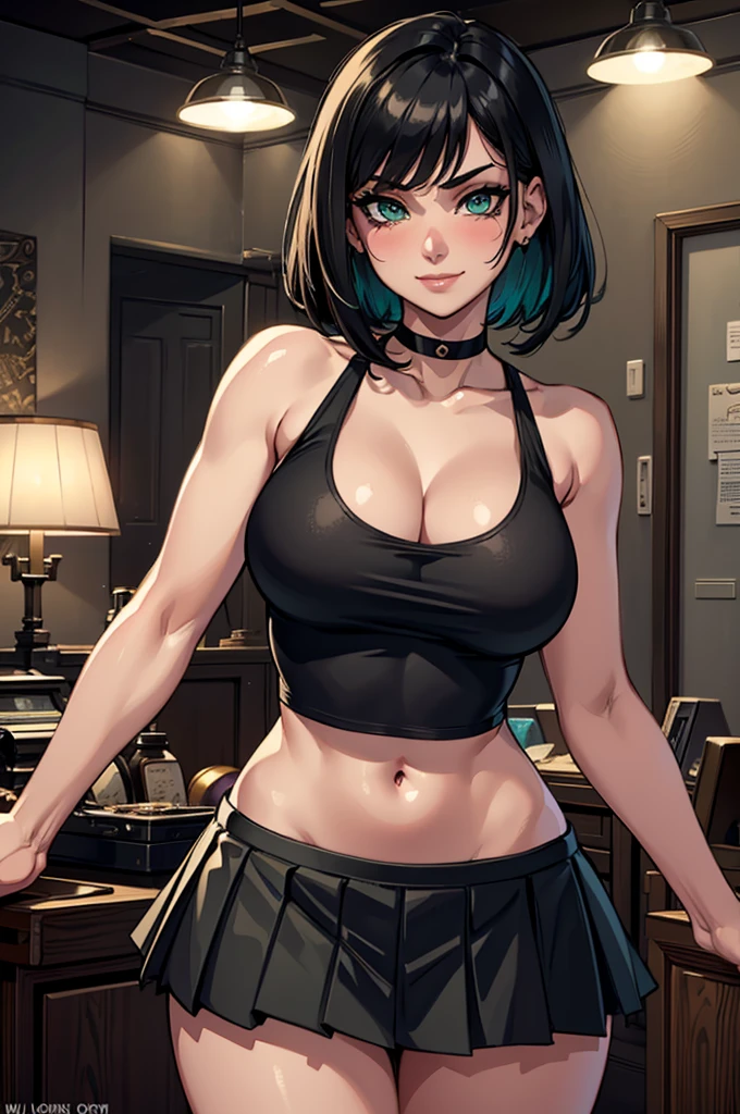 Ultra High Resolution, UHD, absurderes, RAW photo, Masterpiece, Best Quality, 8K, ultra-photorealistic, (1 girl), intricate details, ultra-detailed, detailed face, detailed body, dramatic lighting, beautiful lighting, standing up, blushing, smile, green eyes, gorgeous eyes, short hair, bob hair, bangs, black choker, crop top, (black tank top), (black hair), (black pleated mini skirt), bedroom, gorgeous face, gorgeous girl, large breasts, cleavage, hourglass body, gorgeous body, vivid colors, full body view, sharp focus