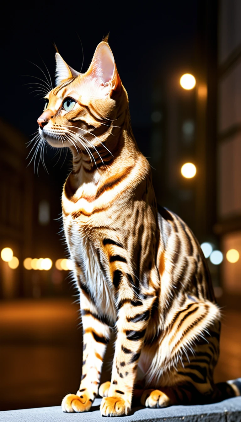 There is no one, realistic photo, photo realism, realism, bengal (Bengal) cat, perfect composition, intricate details, Very sharp, masterpiece, profile, high resolution, looking at viewer, full body photo in city night view