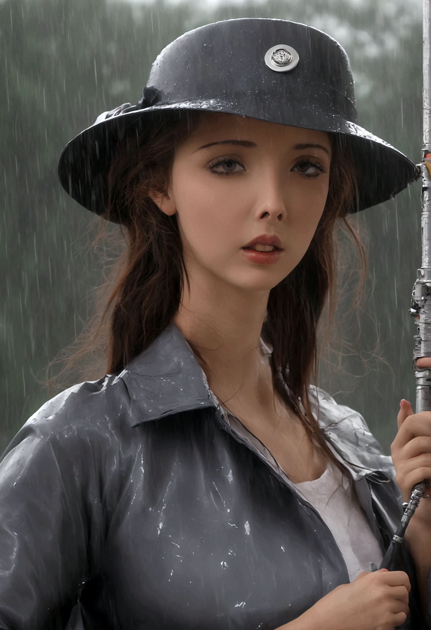 a female version of inspector gadget, cute ???? inspector 2 piece outfit, detective hat that has opened at the top and extended a robot arm holding an umbrella, downpour rain, new york, (best quality,4k,8k,highres,masterpiece:1.2),ultra-detailed,(realistic,photorealistic,photo-realistic:1.37),highly detailed,intricate details,hyper detailed,extremely detailed,extremely detailed face,beautiful detailed eyes,beautiful detailed lips,extremely detailed eyes and face,longeyelashes,cinematic lighting,dramatic lighting,dramatic rain effects,stormy sky,gloomy atmosphere,moody lighting,dark and gloomy,cyberpunk,science fiction,retrofuturistic,futuristic,high tech (show her entire body, show all of her, show her head to toe, full body shown)
