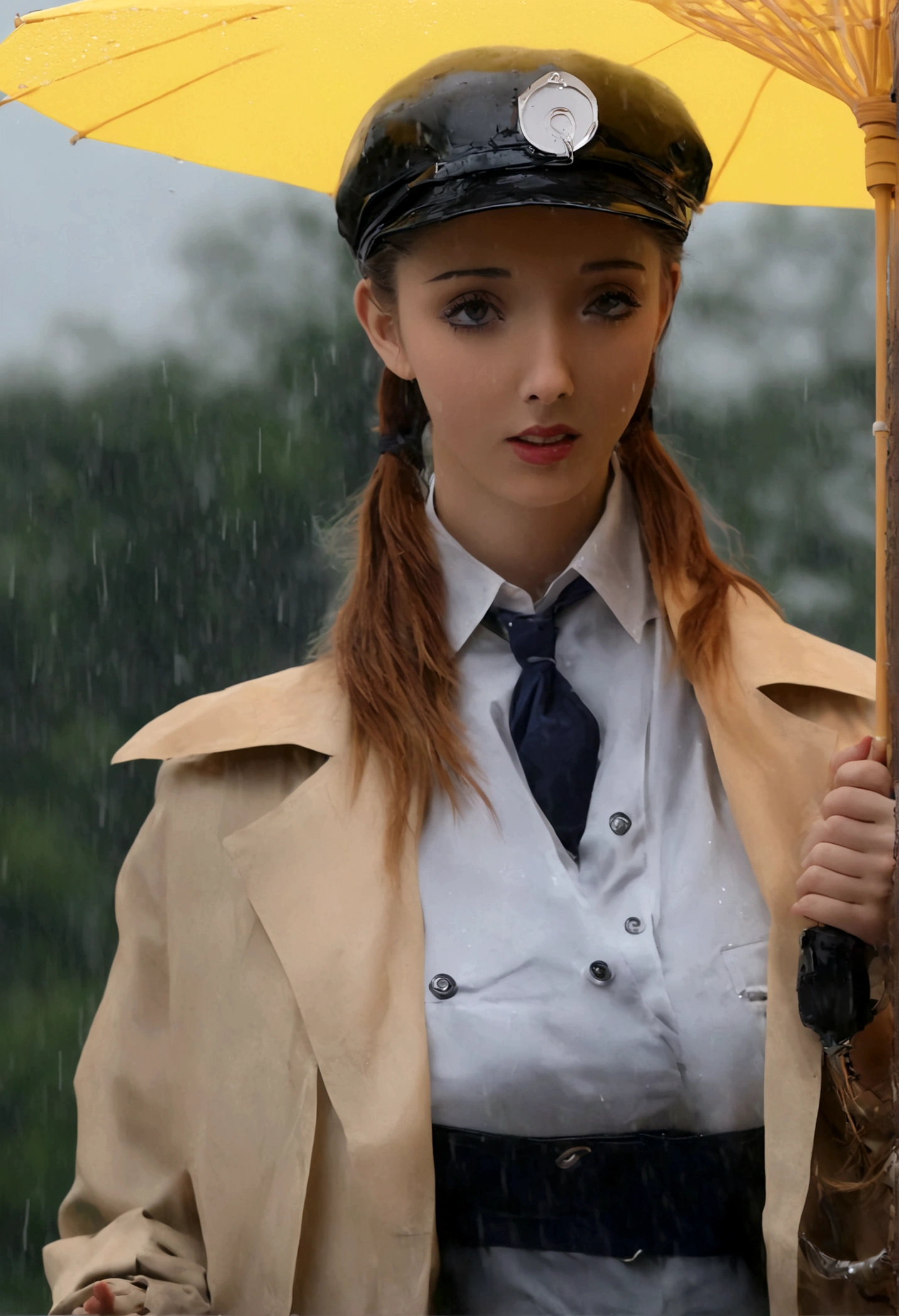 a female version of inspector gadget, cute sexy inspector 2 piece outfit, detective hat that has opened at the top and extended a robot arm holding an umbrella, downpour rain, new york, (best quality,4k,8k,highres,masterpiece:1.2),ultra-detailed,(realistic,photorealistic,photo-realistic:1.37),highly detailed,intricate details,hyper detailed,extremely detailed,extremely detailed face,beautiful detailed eyes,beautiful detailed lips,extremely detailed eyes and face,longeyelashes,cinematic lighting,dramatic lighting,dramatic rain effects,stormy sky,gloomy atmosphere,moody lighting,dark and gloomy,cyberpunk,science fiction,retrofuturistic,futuristic,high tech (show her entire body, show all of her, show her head to toe, full body shown)
