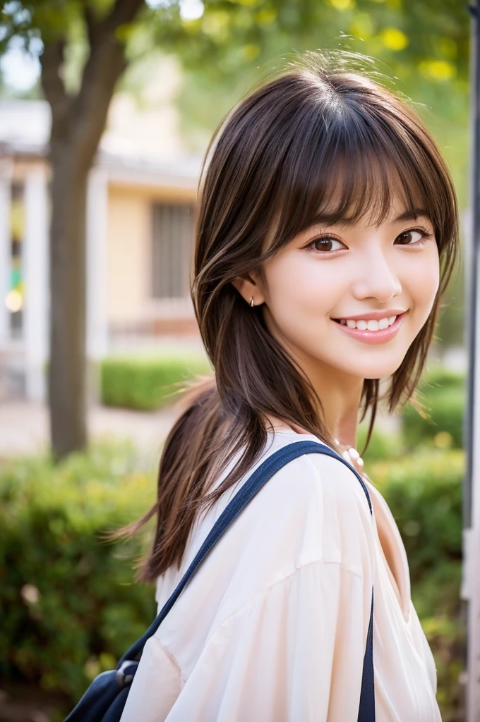 A penniless traveler woman with a backpack, dirty with mud and wearing tattered clothes, rural town in the western United States, rental house, senior year in college, ((full body)), ((photo)), ((best qualtiy, 8K, tmasterpiece:1.3)), Focus:1.2, perfect figure beautiful girl:1.4, 1girl, cowboy shot, look at viewer, incredibly absurd, beautiful and cute girl with a photorealistic face, showcasing top-quality craftsmanship, A Japanese woman walking around town as a backpacker, 20 years old, very short brown hair, short bangs, longer hair on the sides, soft hair with a beautiful flow, clear facial features, large light brown eyes, double eyelids, long eyelashes, small nose, plump pink lips, white teeth, impressive smile, gentle eyes, fair and smooth skin, tall, glamorous, slender, 163cm tall, large G-cup breasts, simple and casual style, fashion that emphasizes her chest, earrings, necklace, favorite camera, cheerful and energetic older sister, beautiful girl, pretty, leader, curious, proactive, positive, sticks to her beliefs, sociable, honest, good at encouraging others, polite, walks with a spring in her step, September