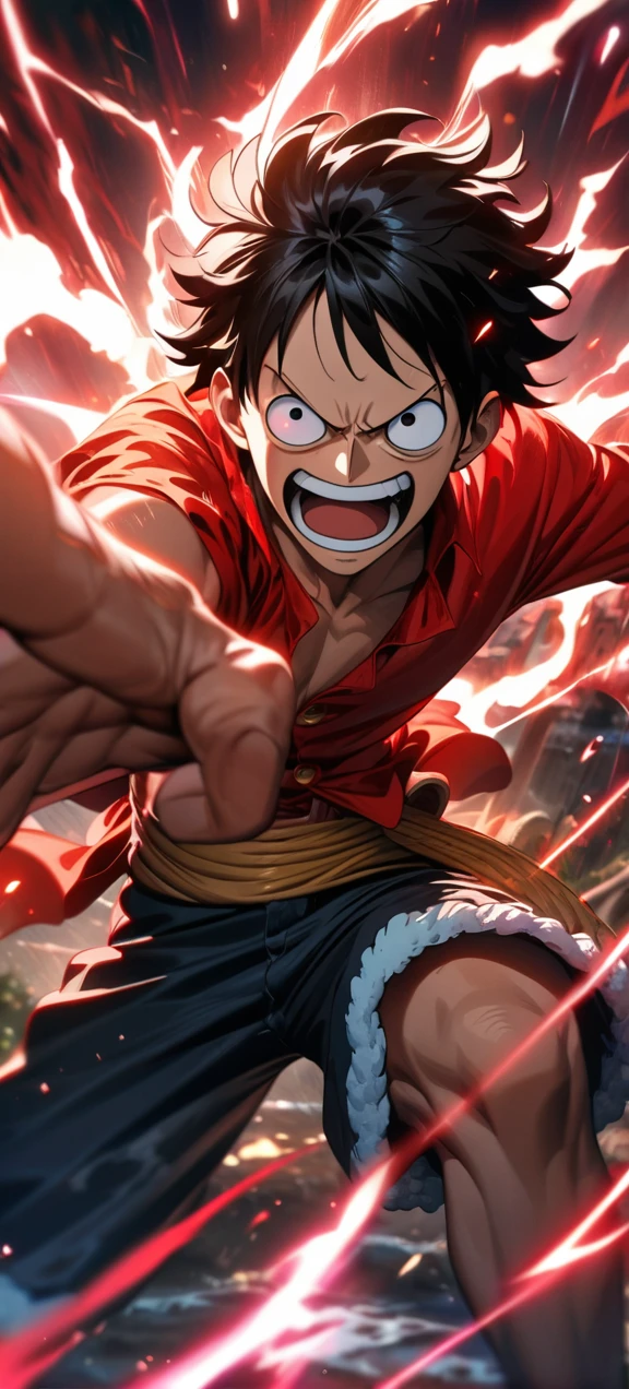 High quality, ,absurdres, highres, ultra detailed, HDR, masterpiece, extremely detailed face and eyes, Luffy , One Piece,, Black hair ,red shirt, solo, ,man, handsome, ,, Epic fight scene, red splashing effect,red lightning effect,glowing glitters , full effect,