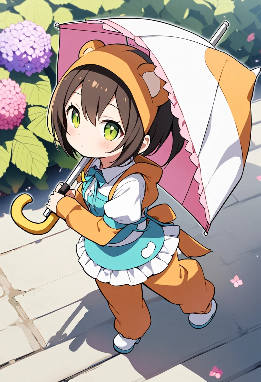 1girl,deltamon_beta, solo, (eyes highlight,((upturned eyes)),((Angle from above:1.3)),from above、Looking at camera,((umbrella:1.3)),
BREAK {ponytail |short twintails | long hair |layered cut|bob cut},{black hair|brown hair|blonde hair},((idol)),((,Maid)),((chibi,loli(((hydrangea),a lot of flowers)),(bear full body costume Kigurumi),((Holding an umbrella:1.3))