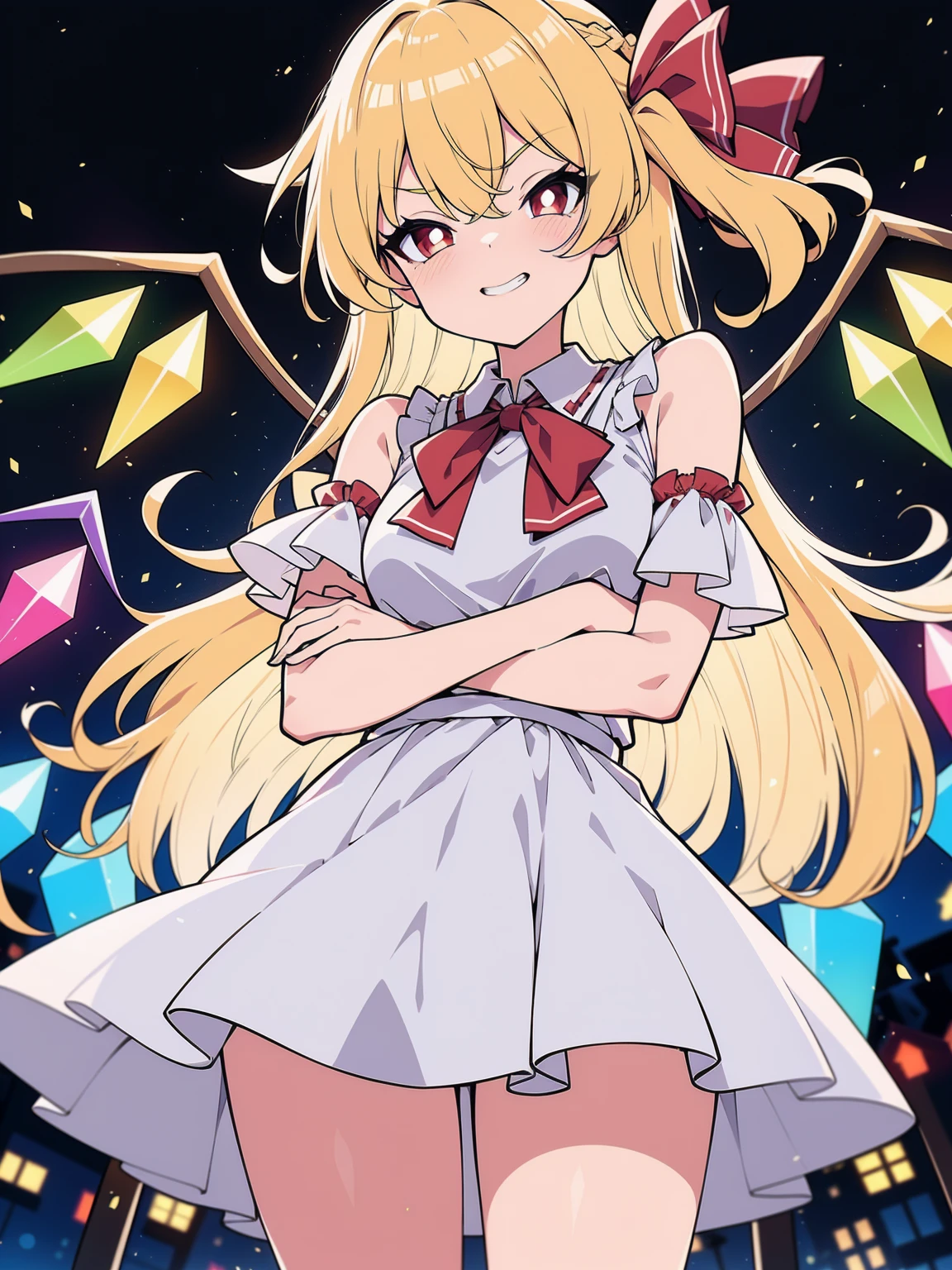 (cowboy shot), (ultra-high resolution, depth of field:1.2), (Flandre scarlet:1.1), (1woman), (adult), in her 20s, Touhou project, (medium breasts:1.1), (red eyes), (blonde hair), long straight hair, (french braid:1.2), red ribbon, (intricate sundress), (white sundress:1.4), off shoulder, frills, garden scenery, grinning, (squinting), night, arms crossed below breasts