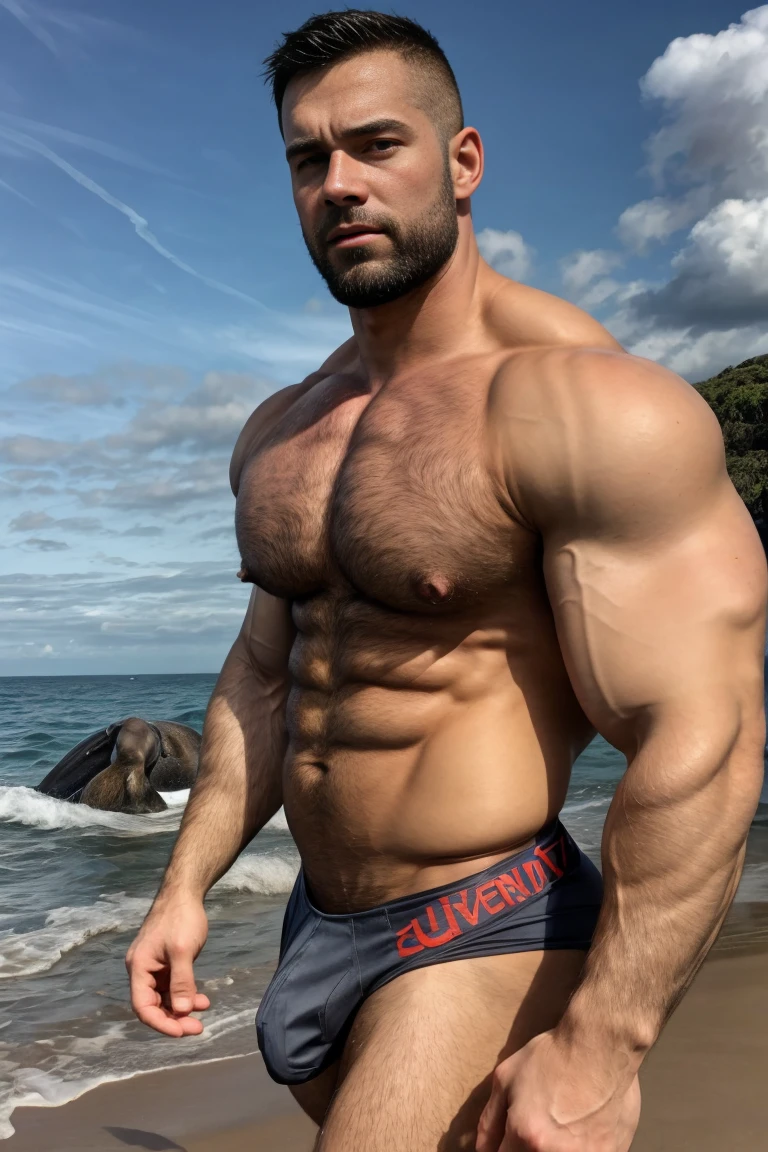 super wide angle,(Medium shot of two handsome guys),twin,Male Love,plump breasts,swelling of chest muscles,Full chest muscles,swelling of chest muscles,sweat,Skin is moisturized and shiny,(face slimming),small head,short hair,beard,Sexy and charming expression,gloomy eyes,blue eyes,Naughty and cool,Handsome and cool guy, (Topless), ultra thin pantyhose,Big bag highlights,(Full chest muscles),(breast muscle swelling),Chest and belly hair,Topless,Skin smooth and hydrated,fiery, Super Sexy, Behind him is the sea, Standing on the beach by the sea,There are flying fish and dolphins in the water,of a Topless, member, Very sexy,Blue sky and white clouds, member, looks hot, Strong smoldering, Attractive and good looking, 30 years old, Attractive man, sexy masculine, 8k reality, Ultra-detailed photos, Bulger j8,Perfect hand details,Perfect facial details