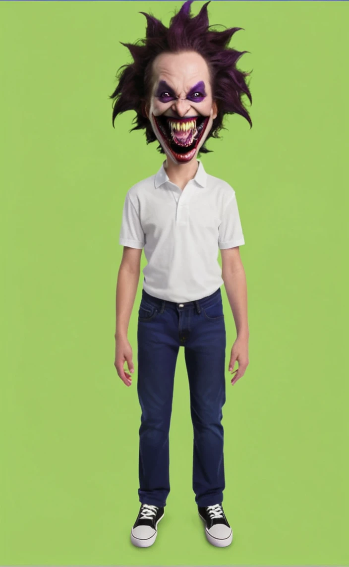 Reproduce this realistic tall photo,transform venom smile,purple skin,dark clothes,Eyes red,vampire style