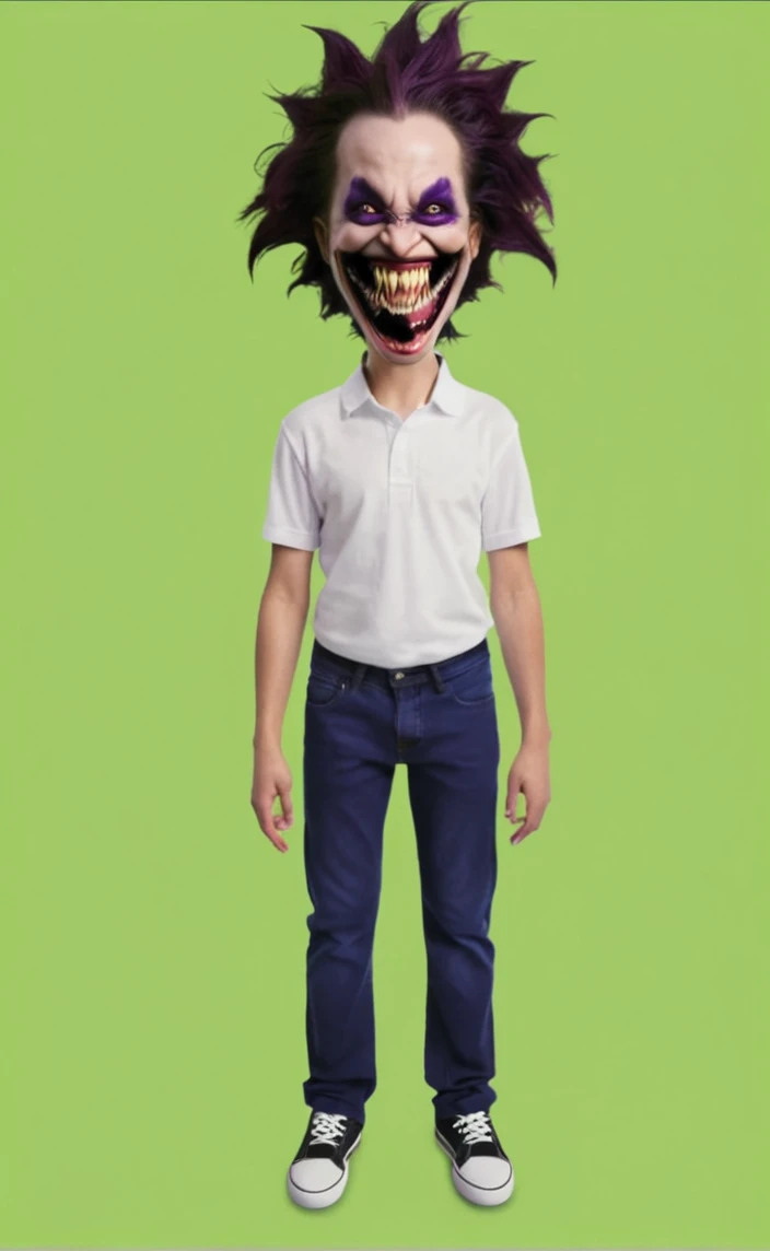 Reproduce this realistic tall photo,transform venom smile,purple skin,dark clothes,Eyes red,vampire style
