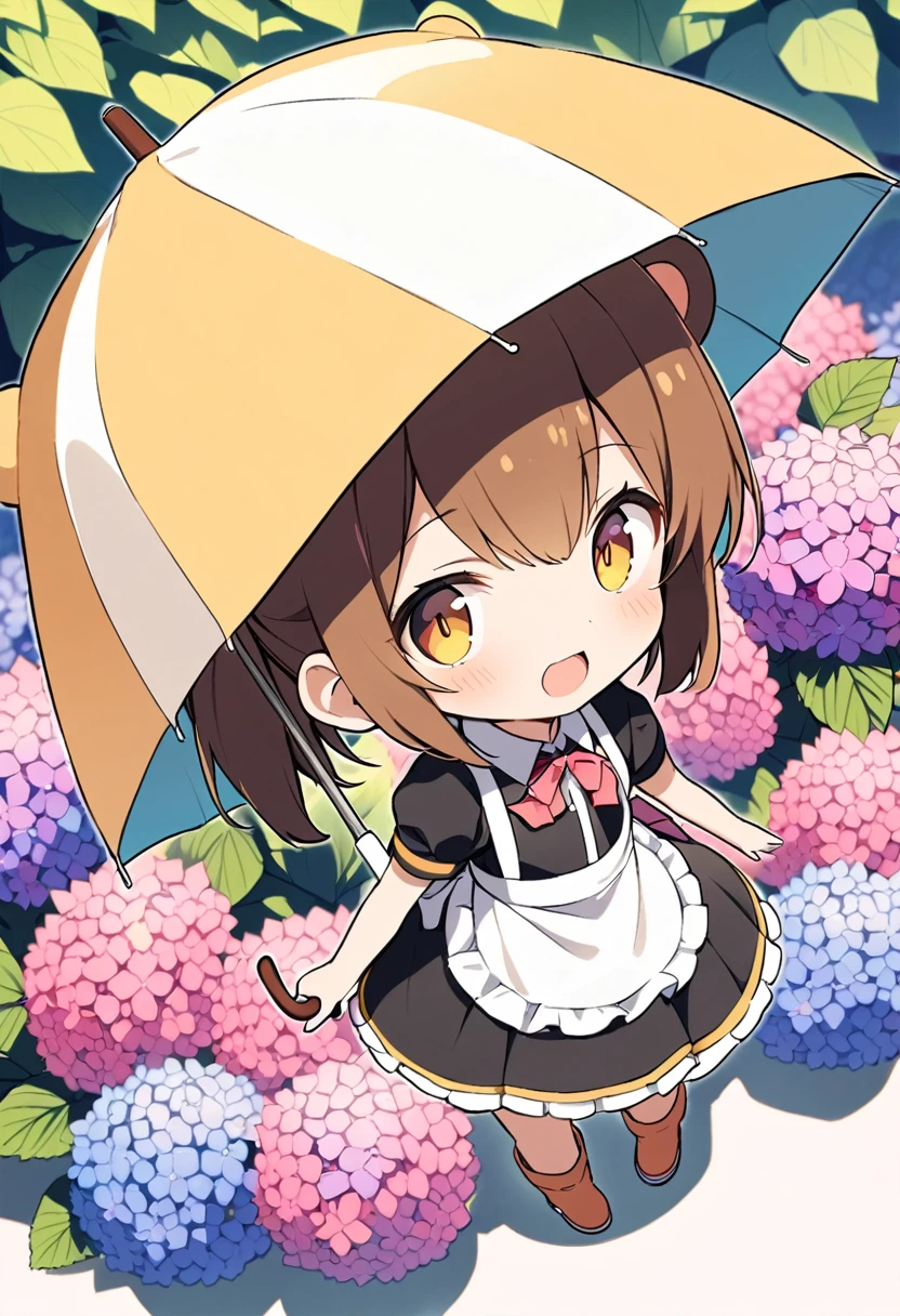 1girl,deltamon_beta, solo, (eyes highlight,((upturned eyes)),((Angle from above:1.3)),from above、Looking at camera,((umbrella:1.3)),
BREAK {ponytail |short twintails | long hair |layered cut|bob cut},{black hair|brown hair|blonde hair},((idol)),((loli,Maid)),((chibi,loli)), (((hydrangea),a lot of flowers)),(bear full body costume Kigurumi),((Holding an umbrella:1.3))