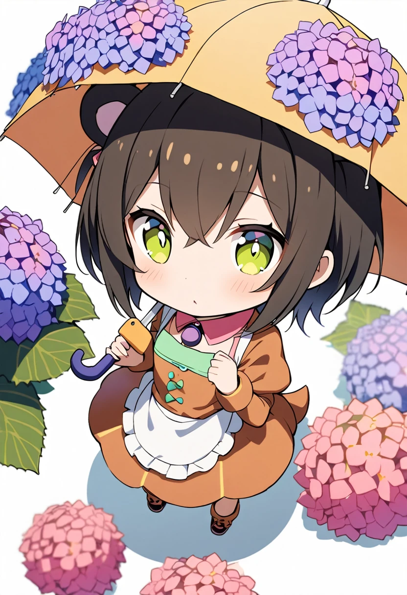 1girl,deltamon_beta, solo, (eyes highlight,((upturned eyes)),((Angle from above:1.3)),from above、Looking at camera,((umbrella:1.3)),
BREAK {ponytail |short twintails | long hair |layered cut|bob cut},{black hair|brown hair|blonde hair},((idol)),((loli,Maid)),((chibi,loli)), (((hydrangea),a lot of flowers)),(bear full body costume Kigurumi),((Holding an umbrella:1.3))