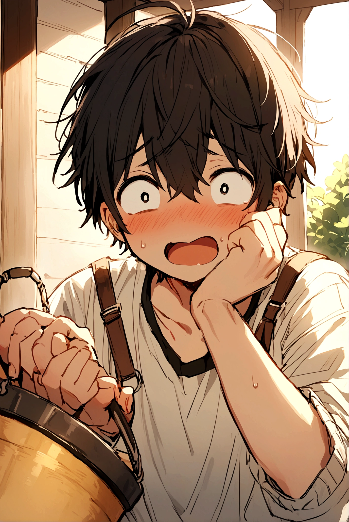 Hyper-realistic solo (shy cute youthful baby-faced:1.5), embarrassed 1.4, caught naked, silky hair, slight skinny frame, dainty build, single pair of horse ears, ((nervous 1.4, panicked 1.3, flustered look:1.8, shy:1.9)), panicking, blushing 1.8, toned slim femboy horsey body, humanoid chestnut-furred horseboy 1.5, ((completely chestnut fur 1.9)), (massive thick hyperpenis: 1.6), (huge swollen engorged balls:1.59), (both hands masturbating shaft of penis:1.4), hands on genitals, embarrassed. 4k, masterpiece, high quality, ultra realistic, (clearly defined, sharp image:2), (best quality:2), AS-youngest, erect , syurostyle, (underside of glans:1.05), art by dagasi, massivepenis, genitals bigger and thicker than torso, lean abs, mouth open in surprise 1.3, seductive look, lidded blue eyes, hock, (detailed muscles 1.3), beautiful detailed eyes, (cute, shy face), (obscenely large genitals 1.7), horse tail 1.4, leaking urethra, long penis, detailed teary eyes, (in a barn:1.1), short stubby muzzle 1.3, visible frenulum, meaty hyper pecs, (autofellatio:1.1), defined pupils, big erect nipples, deepthroating