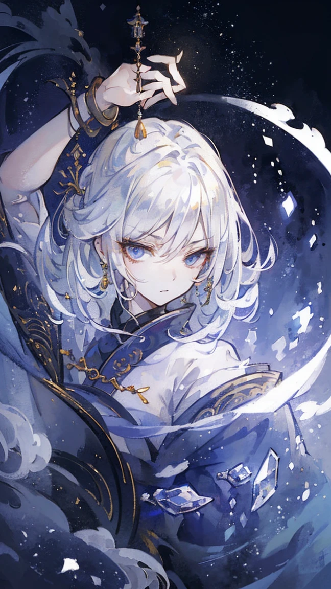 (extremely detailed 8K wallpaper),(ultra detailed),(best quality),(masterpiece),(highly detailed),(cinematic lighting),(original), cold light, mood,((head shot)),(Chinese artful style painting)), 1 girl, solo, white hair, simple clothes and jewelry,(((eyes sparkling in moonlight))),((villain image)),((haughty expression))))