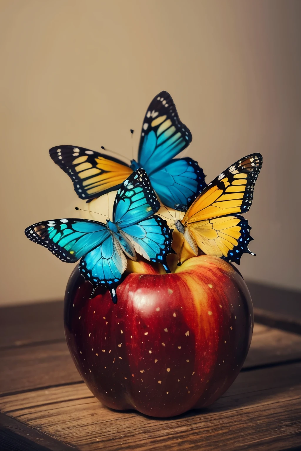 ((best qualityer)), ((work of art)), (detailded), two erflies, one blue and one yellow perched on a red apple