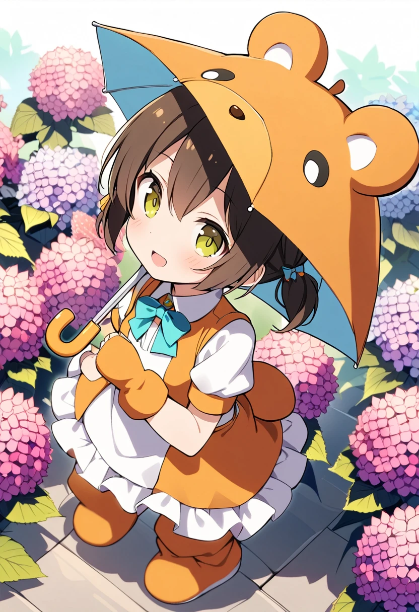 1girl,deltamon_beta, solo, (eyes highlight,((upturned eyes)),((Angle from above:1.3)),from above、Looking at camera,((umbrella:1.3)),
BREAK {ponytail |short twintails | long hair |layered cut|bob cut},{black hair|brown hair|blonde hair},((idol)),((loli,Maid)),((chibi,loli)), (((hydrangea),a lot of flowers)),(bear full body costume Kigurumi),((Holding an umbrella:1.3))