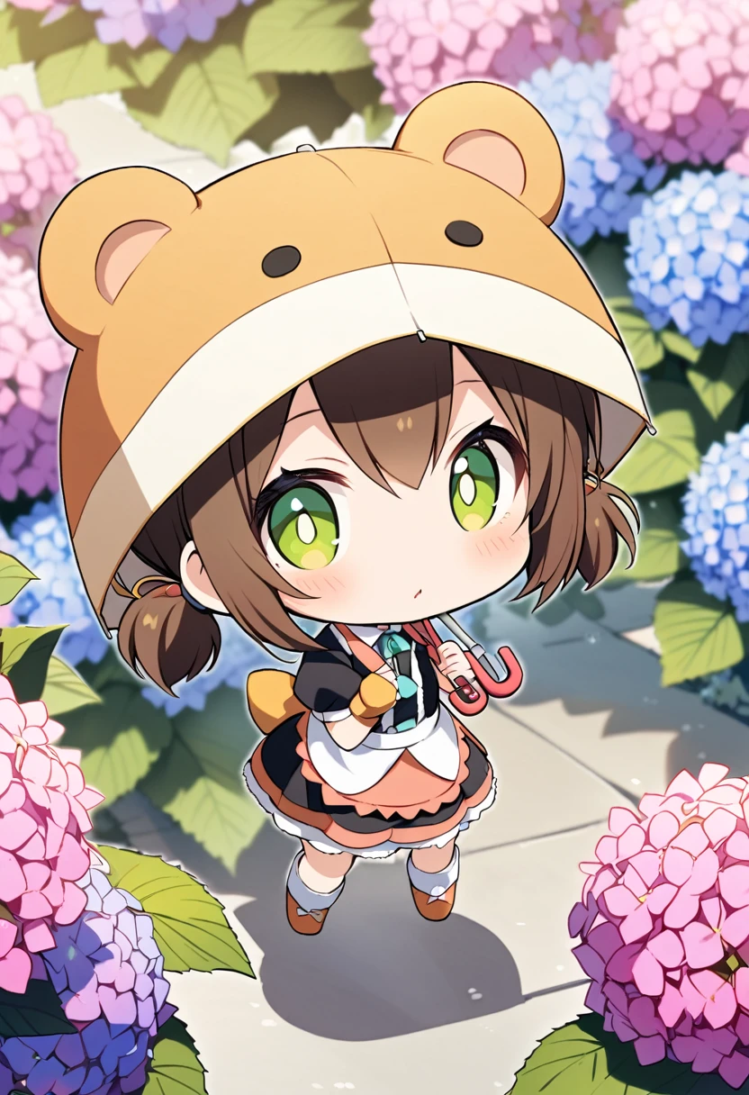 1girl,deltamon_beta, solo, (eyes highlight,((upturned eyes)),((Angle from above:1.3)),from above、Looking at camera,((umbrella:1.3)),
BREAK {ponytail |short twintails | long hair |layered cut|bob cut},{black hair|brown hair|blonde hair},((idol)),((,Maid)),((chibi,loli(((hydrangea),a lot of flowers)),(bear full body costume Kigurumi),((Holding an umbrella:1.3))