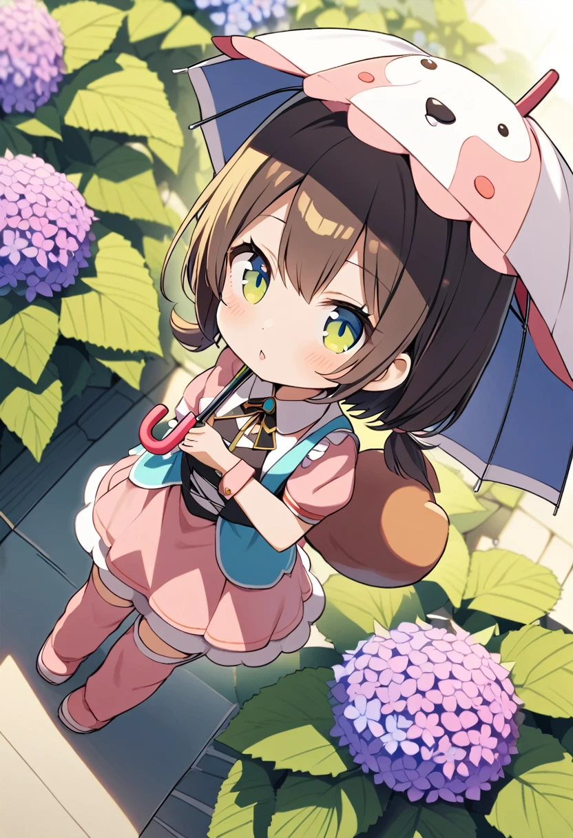 1girl,deltamon_beta, solo, (eyes highlight,((upturned eyes)),((Angle from above:1.3)),from above、Looking at camera,((umbrella:1.3)),
BREAK {ponytail |short twintails | long hair |layered cut|bob cut},{black hair|brown hair|blonde hair},((idol)),((,Maid)),((chibi,loli(((hydrangea),a lot of flowers)),(bear full body costume Kigurumi),((Holding an umbrella:1.3))