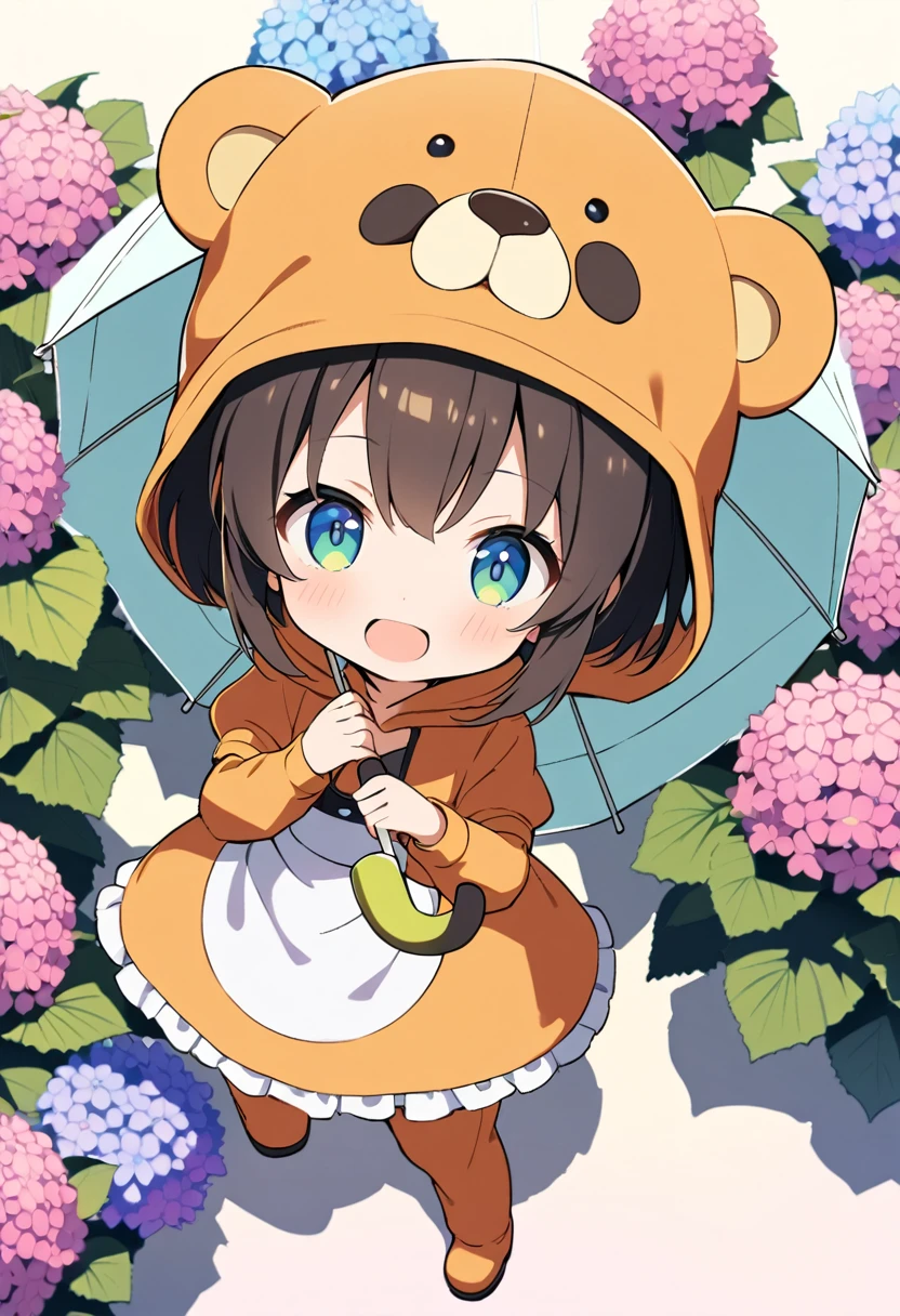 1girl,deltamon_beta, solo, (eyes highlight,((upturned eyes)),((Angle from above:1.3)),from above、Looking at camera,((umbrella:1.3)),
BREAK  {ponytail |short twintails | long hair |layered cut|bob cut},{black hair|brown hair|blonde hair},((idol)),((loli,Maid)),((chibi,loli)), (((hydrangea),a lot of flowers)),(bear full body costume Kigurumi),((Holding an umbrella:1.3))