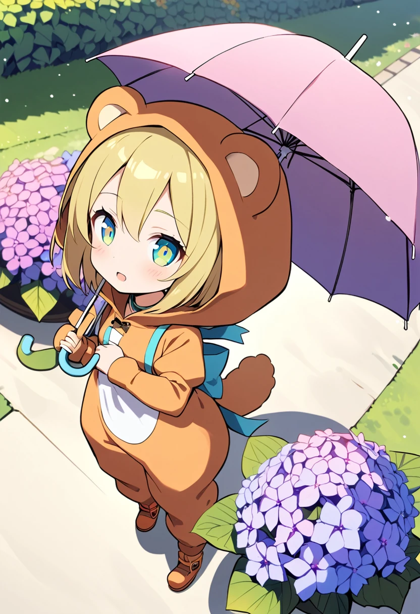 1girl,deltamon_beta, solo, (eyes highlight,((upturned eyes)),((Angle from above:1.3)),from above、Looking at camera,((umbrella:1.3)),
BREAK {ponytail |short twintails | long hair |layered cut|bob cut},{black hair|brown hair|blonde hair},((idol)),((,Maid)),((chibi,loli(((hydrangea),a lot of flowers)),(bear full body costume Kigurumi),((Holding an umbrella:1.3))