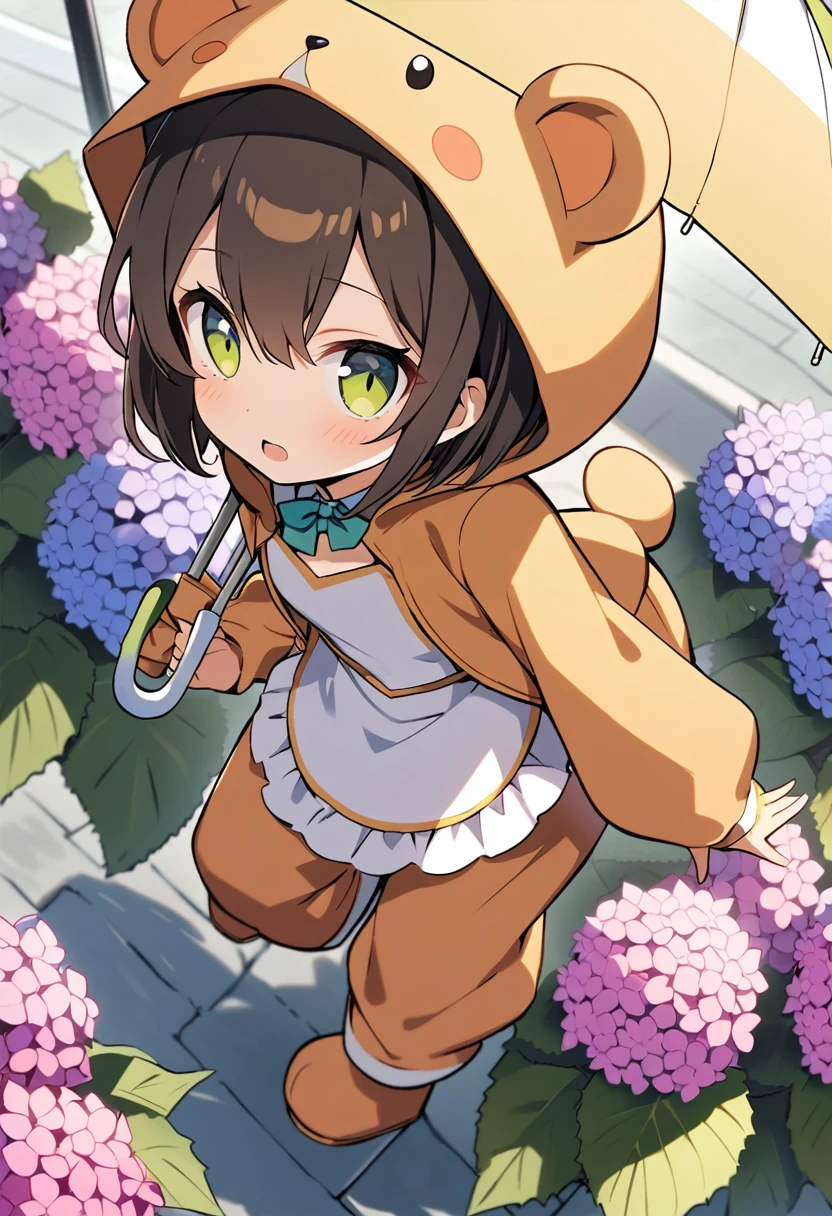 1girl,deltamon_beta, solo, (eyes highlight,((upturned eyes)),((Angle from above:1.3)),from above、Looking at camera,((umbrella:1.3)),
BREAK {ponytail |short twintails | long hair |layered cut|bob cut},{black hair|brown hair|blonde hair},((idol)),((loli,Maid)),((chibi,loli)), (((hydrangea),a lot of flowers)),(bear full body costume Kigurumi),((Holding an umbrella:1.3))