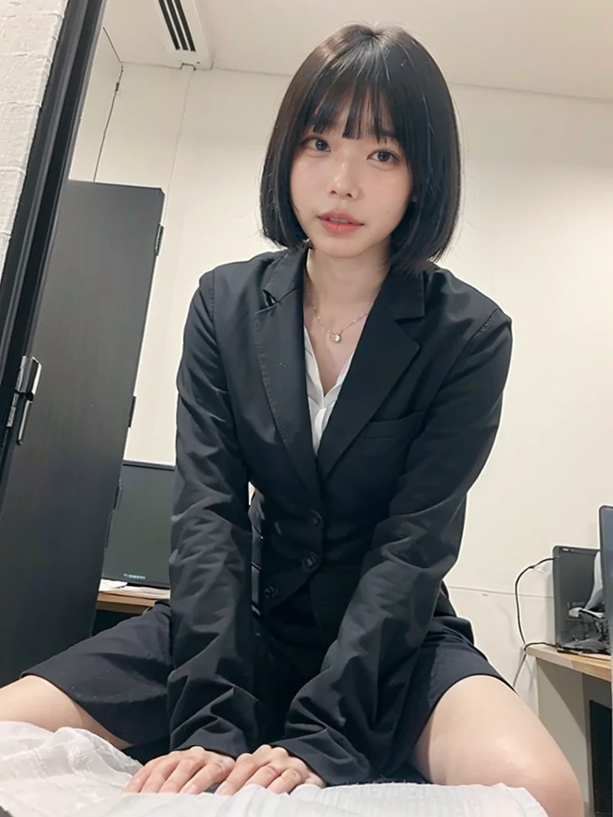 8K, RAW Portrait (Japanese women),masterpiece、Photorealistic:1.2、Realistic, Ultra-high resolution, Highest quality, Real Life Photos , ((((1 female:1.5)))), (Cute face:1.3)、Japanese women,((office lady))、((本物のoffice lady))、((business art:1.6))、 Short Hairstyles,Slender body,、In the room, beautiful, beautiful目, Black Hair,(Written boundary depth:1.3)、 ((Dark brown eyes:1.2))、(Realistic skin texture:1.3)、(Immersive atmosphere:0.8、Chiaroscuro:1.2) 、(Look Viewer:1.4)、((Embarrassed look:1.4))、((Red cheeks:1.3))、((From belowの天井:1.2))、(smile:0.7)、((shot))、((A woman rolling up her skirt))、((From below:1.48))、((Crotch close-up:1.52))、((Pictures that emphasize pussy))、((Spread your legs out to the side:1.4))、Real Pussy