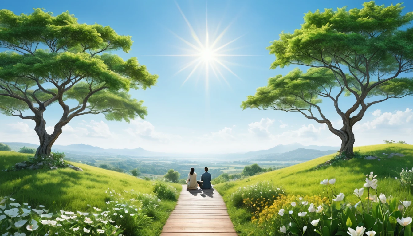 Show a rejuvenated landscape, with nature flourishing, people in harmony and a clear sky, symbolizing spiritual renewal and peace. Hyper realistic image.