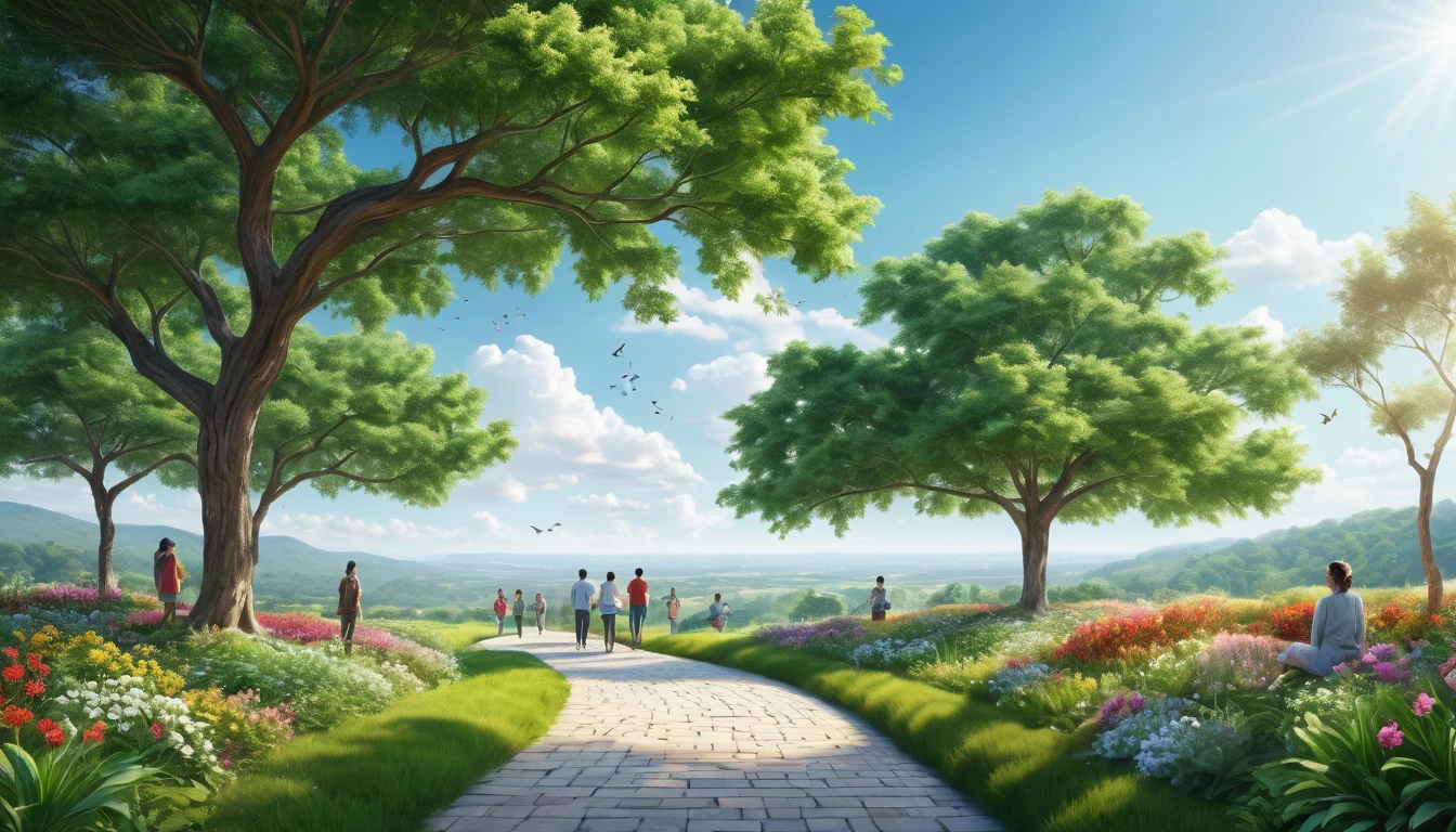Show a rejuvenated landscape, with nature flourishing, people in harmony and a clear sky, symbolizing spiritual renewal and peace. Hyper realistic image.