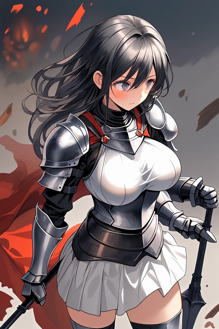 female knight　Black Hair　armor　Torn white skirt　White underwear　battlefield　Flaming