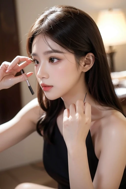 ((Realistic light, Best Quality, 8K, masutepiece: 1.3)), 1 girl, Slim Body Beauty: 1.4, Brown hair, (((Super big: 1.3)), Off-shoulder cut top: 1.3, hyperdetailed face, Detailed eyes, Double eyelids, Own room, Smile, cleavage, Saggy breasts, (((The beauty of saggy breasts)), But、It's hotter when my hair is messy in the morning., curly hair curler