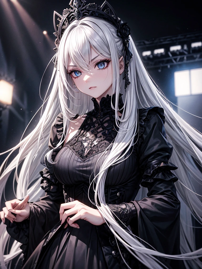 a stylish, dark-themed ensemble with elegant gothic elements. Her long, silver hair should flow gracefully, with strands framing her face. expression should be confident and intense, capturing her strong and determined personality as the lead vocalist. The background should be a concert stage with dramatic lighting and effects, emphasizing the electrifying atmosphere of a live performance. Pay attention to the intricate details of her outfit, including any accessories