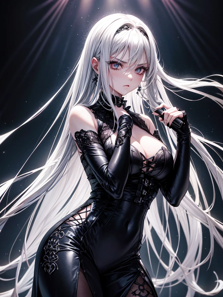 a stylish, dark-themed ensemble with elegant gothic elements. Her long, silver hair should flow gracefully, with strands framing her face. expression should be confident and intense, capturing her strong and determined personality as the lead vocalist. The background should be a concert stage with dramatic lighting and effects, emphasizing the electrifying atmosphere of a live performance. Pay attention to the intricate details of her outfit, including any accessories
